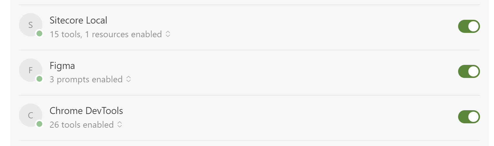 Cursor showing all three MCP servers enabled: Sitecore Local, Figma, and Chrome DevTools